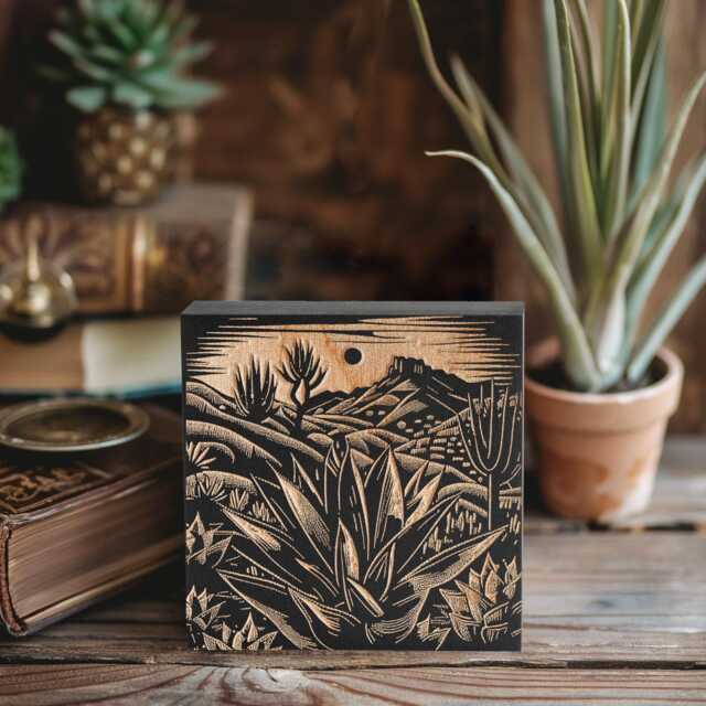 Cactus Desert Scene Engraved Birch Wood Panel - Block Print Style Nature Lover Wall Art, Landscape Print, Country Home Gift - image 1