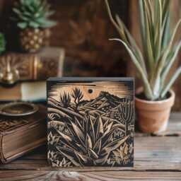 Cactus Desert Scene Engraved Birch Wood Panel - Block Print Style Nature Lover Wall Art, Landscape Print, Country Home Gift - thumbnail 1