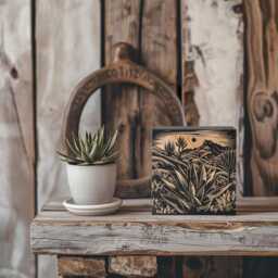 Cactus Desert Scene Engraved Birch Wood Panel - Block Print Style Nature Lover Wall Art, Landscape Print, Country Home Gift - thumbnail 2