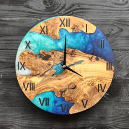 Live Edge Olive Wood Wall Clock Rustic Resin Art - thumbnail 1