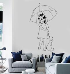 Wall Art Mural Romantic Bedroom Girl Umbrella Cat Vinyl Decor 1497Dz - thumbnail 1