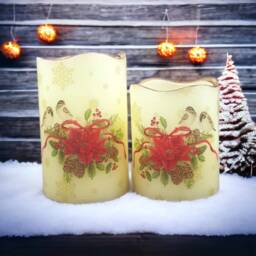 Christmas Flameless Led Candle Set Robins & Poinsettia Decor - thumbnail 3