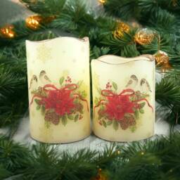 Christmas Flameless Led Candle Set Robins & Poinsettia Decor - thumbnail 1