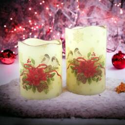 Christmas Flameless Led Candle Set Robins & Poinsettia Decor - thumbnail 2