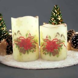 Christmas Flameless Led Candle Set Robins & Poinsettia Decor - thumbnail 4