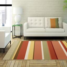 strips Rug, Printed On PVC Mat. Carpet in Red, Green & Yellow Art Mat - thumbnail 2