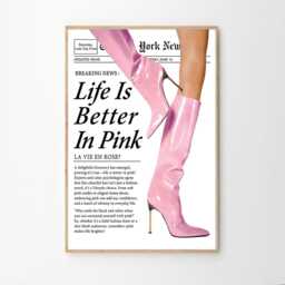Life Is Better in Pink Vintage Boots Newspaper Art Poster, Trendy Wall Art, Apartment Aesthetic Decor, Retro Home Printed Gift - thumbnail 2