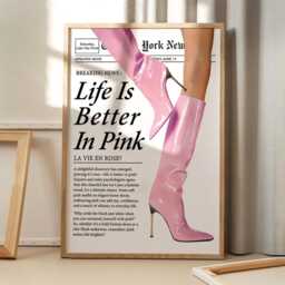Life Is Better in Pink Vintage Boots Newspaper Art Poster, Trendy Wall Art, Apartment Aesthetic Decor, Retro Home Printed Gift - thumbnail 1