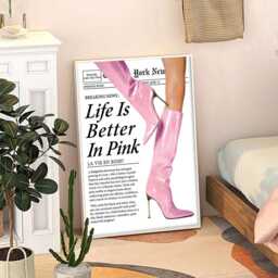 Life Is Better in Pink Vintage Boots Newspaper Art Poster, Trendy Wall Art, Apartment Aesthetic Decor, Retro Home Printed Gift - thumbnail 3