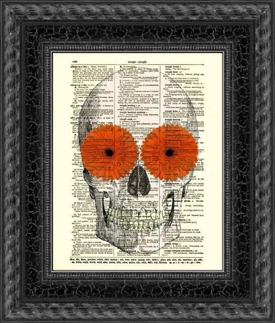 Dictionary Art Print, Skull With Gerbera Daisies, Halloween Decor - image 1