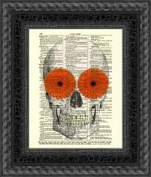 Dictionary Art Print, Skull With Gerbera Daisies, Halloween Decor - thumbnail 1
