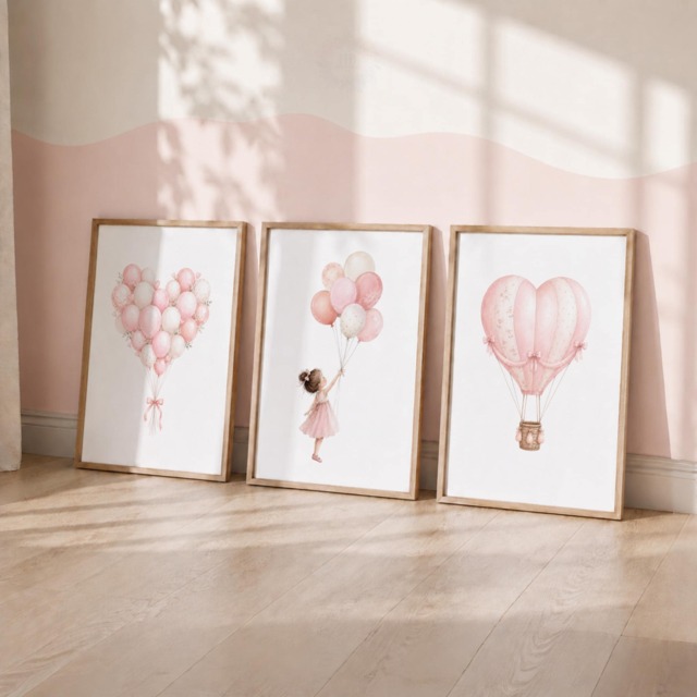 Girls Balloon Print Set - Pink Heart Nursery Decor, Girl Bedroom Wall Art - image 1
