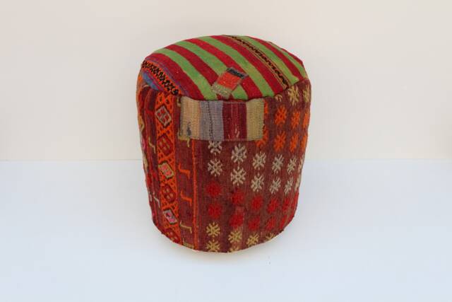 Handmade Kilim Wool Pouf Red Striped Ottoman Footstool - image 1