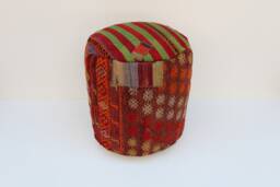 Handmade Kilim Wool Pouf Red Striped Ottoman Footstool