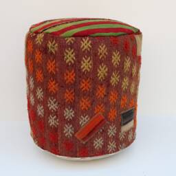 Handmade Kilim Wool Pouf Red Striped Ottoman Footstool - thumbnail 3