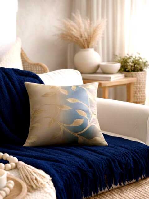Teal & Beige Floral Pillow Cover - Gold Leaf Print - 18x18 - image 1