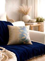 Teal & Beige Floral Pillow Cover - Gold Leaf Print - 18x18 - thumbnail 1