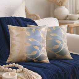 Teal & Beige Floral Pillow Cover - Gold Leaf Print - 18x18 - thumbnail 2