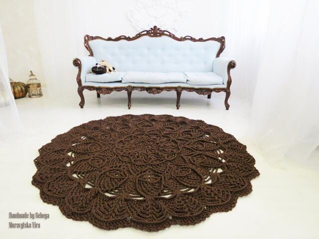 Large Crochet Round Area Rug 5' Boho French Country Decor - image 1