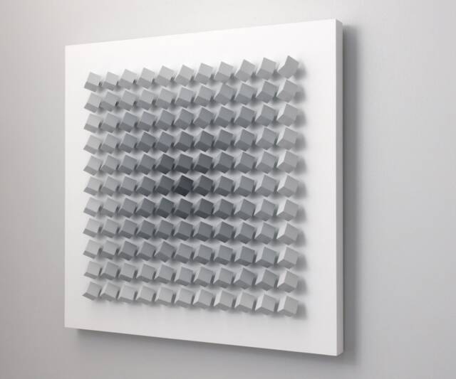 Modern Wall Art Sculpture Block Cubist Geometric Grid Pattern Minimalist Gradated Neutral Soft Gray Color Interactive Rotatable Blocks - image 1