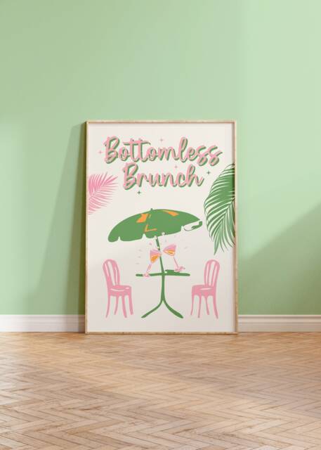 Bottomless Brunch Pink & Green Trendy Print - Cocktail, California, Summer Tropical, 90S Y2K Preppy, Funky Colourful Travel Home Wall Art - image 1