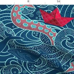 Origami Boats Curtain Panel - Kanagawa Wave Octopus Ocean Large Scale Custom Playground By Hnldesigns - thumbnail 4