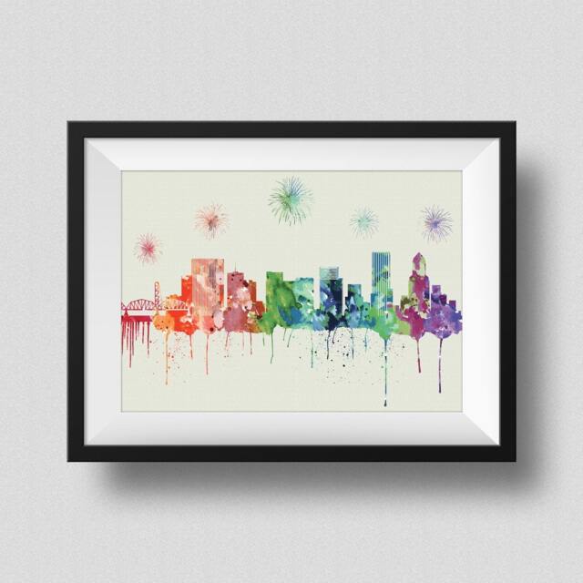Portland Skyline Rainbow Watercolor Map Art Print Oregon With Firework Ink Splash Poster Canvas