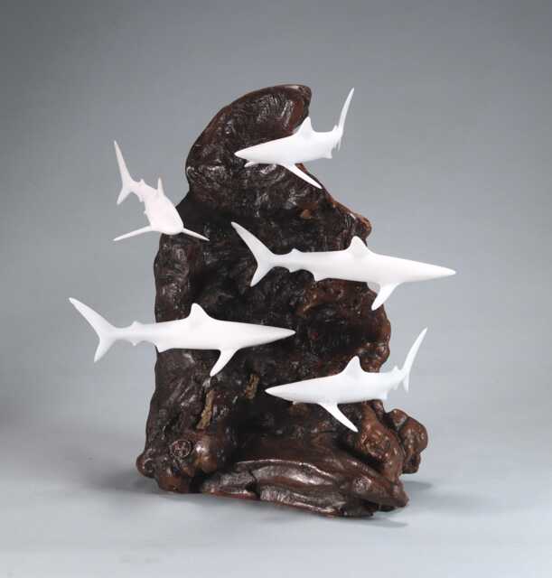 Blue Shark School Of 5 By John Perry 12In Tall Sculpture Pellucida On Polished Burlwood Base. Signed