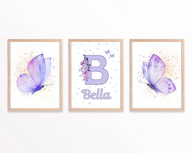Personalized Purple Butterfly Prints Girls Nursery Decor - Set Of 3 - image 1