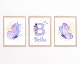 Personalized Purple Butterfly Prints Girls Nursery Decor - Set Of 3 - thumbnail 1