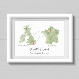 Long Distance Relationship Gift, Personalised Valentines Day Present For Fianc??, Boyfriend Or Girlfriend, Watercolour Style Map Print - thumbnail 1