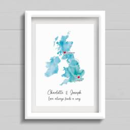 Long Distance Relationship Gift, Personalised Valentines Day Present For Fianc??, Boyfriend Or Girlfriend, Watercolour Style Map Print - thumbnail 3
