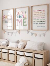Set Of 3 Bible Verse Prints, Christian Wall Art, Girls Bedroom, Boys Rainbow Toddler, Christening Gift, Sunday School - thumbnail 1