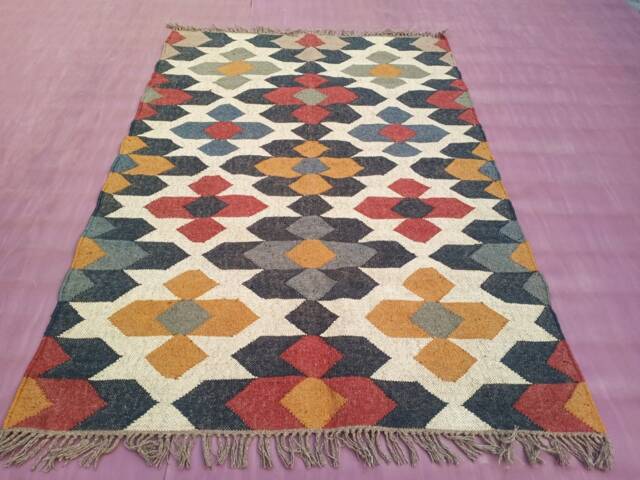Handwoven Wool Jute Kilim Rug Bohemian Dhurrie Design - image 1