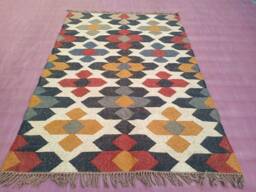 Handwoven Wool Jute Kilim Rug Bohemian Dhurrie Design - thumbnail 1