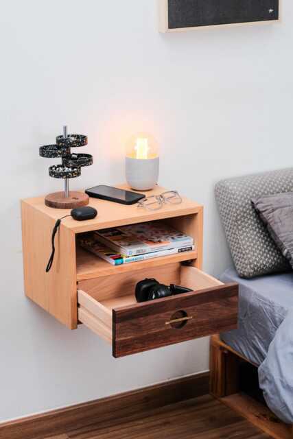 Solid Wood Floating Nightstand With Drawer, Wall Mounted Bedside Table Brass Handle, Wooden Storage, Handmade End - image 1