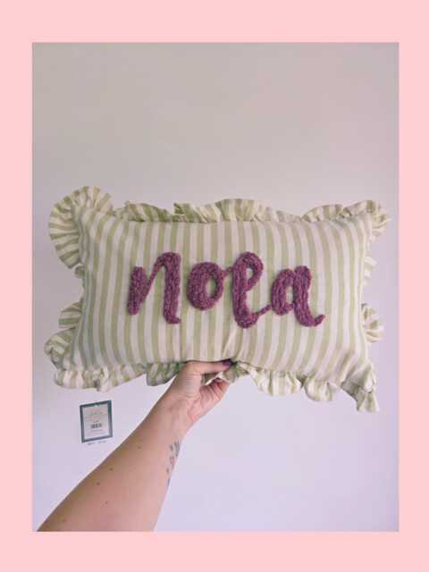 Personalized Hand Embroidered Name Cushion Green Ruffle Stripe Nursery Decor - image 1
