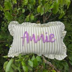 Personalized Hand Embroidered Name Cushion Green Ruffle Stripe Nursery Decor - thumbnail 2