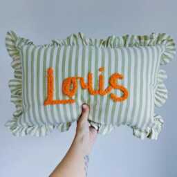 Personalized Hand Embroidered Name Cushion Green Ruffle Stripe Nursery Decor - thumbnail 3
