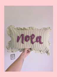 Personalized Hand Embroidered Name Cushion Green Ruffle Stripe Nursery Decor