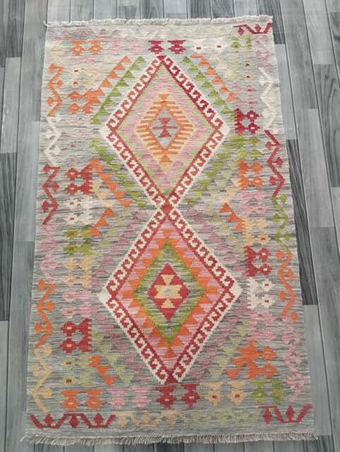 Handmade Afghan Kilim Rug, Geometric Tribal Design, Multicolour Artisan Persian Turkish Flatweave, Natural Wool, 158x96 cm - image 1