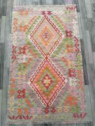 Handmade Afghan Kilim Rug, Geometric Tribal Design, Multicolour Artisan Persian Turkish Flatweave, Natural Wool, 158x96 cm - thumbnail 1