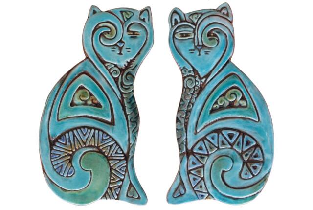 Cats Sculptures, Cat Art, Ceramic Cats, Wall Ornaments, Pair Of Deco, Contemporary Tile Designs, 26cm Turquoise - image 1