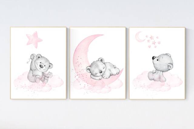 Teddy Bear Nursery Print Pink & Gray Baby Girl Room Decor - image 1
