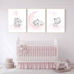 Teddy Bear Nursery Print Pink & Gray Baby Girl Room Decor - thumbnail 2