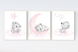 Teddy Bear Nursery Print Pink & Gray Baby Girl Room Decor - thumbnail 1
