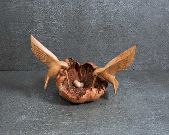 Handmade Hummingbird Couple Figurine, Wood Bird Nest Sculpture, Wedding Gift - image 1