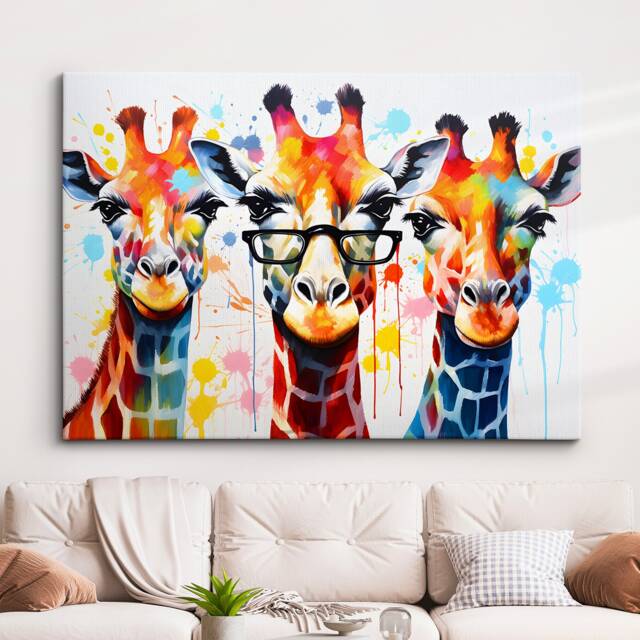 Colorful Giraffe Family Glasses Abstract Oil Painting Style Wall Art, Framed Canvas Poster Print, Home Kitchen Office Room Decor, Gifts - image 1