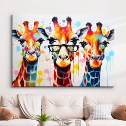Colorful Giraffe Family Glasses Abstract Oil Painting Style Wall Art, Framed Canvas Poster Print, Home Kitchen Office Room Decor, Gifts - thumbnail 1