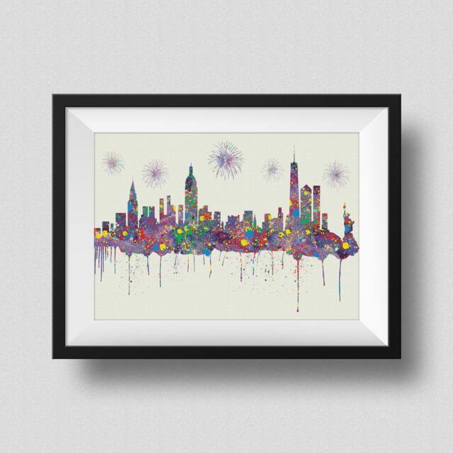 New York City Skyline Watercolor Map Art Print Ink Splash Poster Canvas
